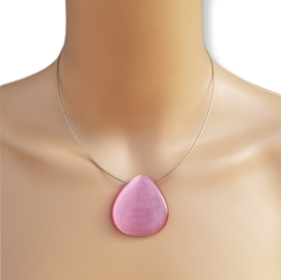 VINTAGE MODERNIST WIRE COLLAR NECKLACE WITH PINK CATS EYE GLASS PENDANT - Picture 1 of 6